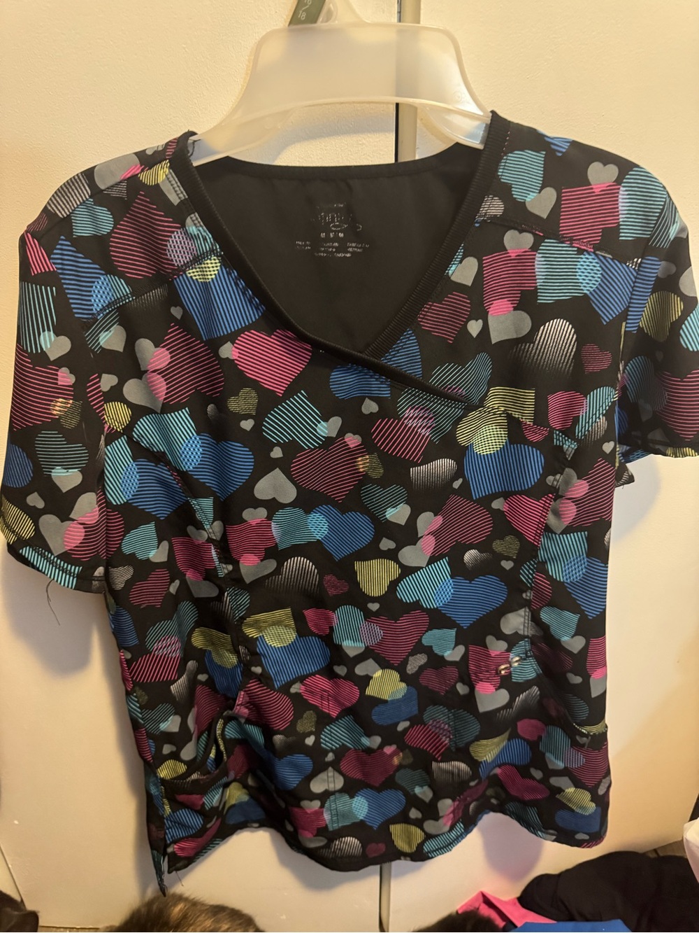 Cherokee Black V-Neck Scrub Top with Multicolor Heart Print